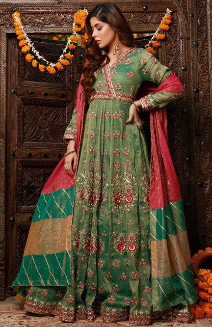 women handwork embroidered mesuri angarkha style wedding maxi Pakistan