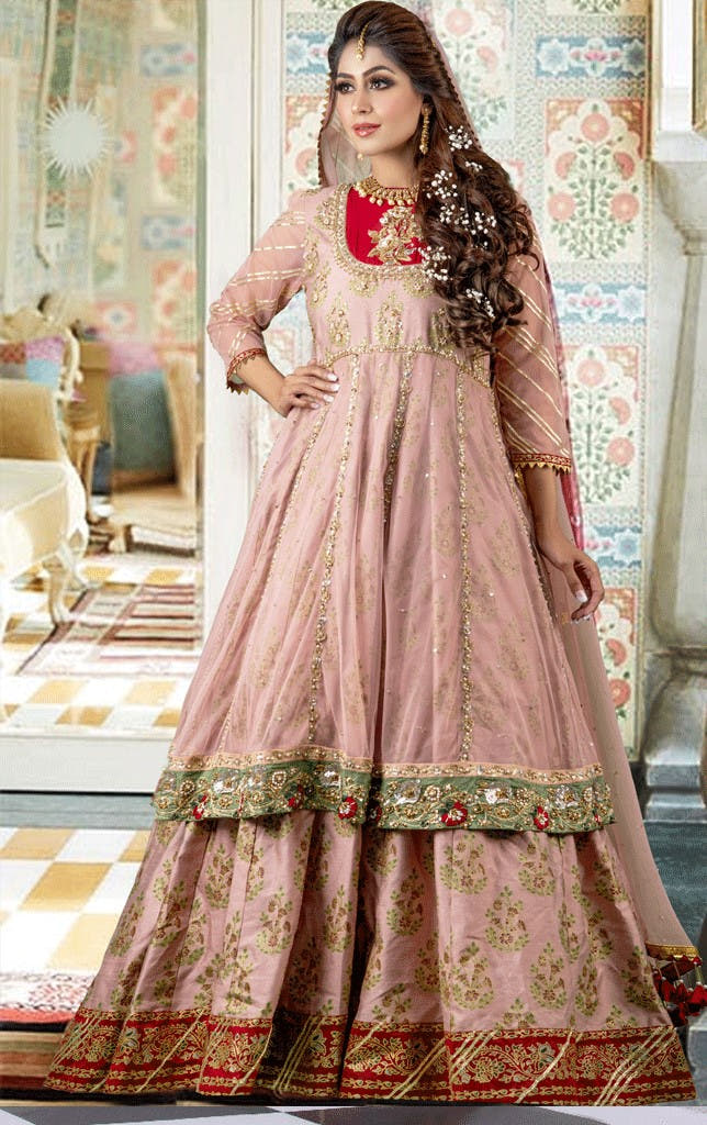 women screen printed embroidered raw silk wedding maxi Pakistan