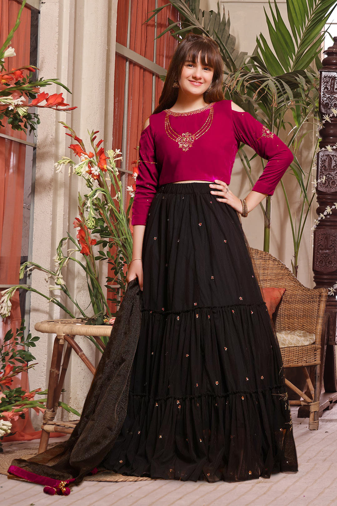 SANA'S red embroidered velvet lehenga Pakistan occasion wear