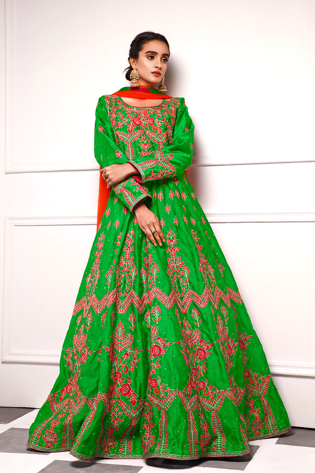 SANA'S red embroidered raw silk maxi dress Pakistan occasion wear