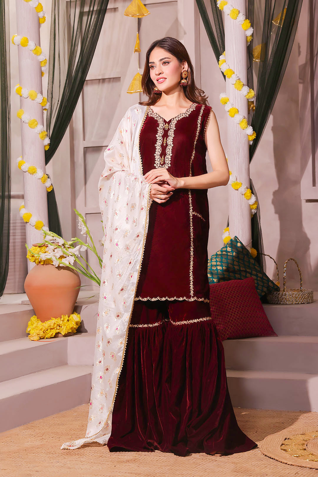Aari Embroidery Velvet Gharara Suit | SHENDI | G123205