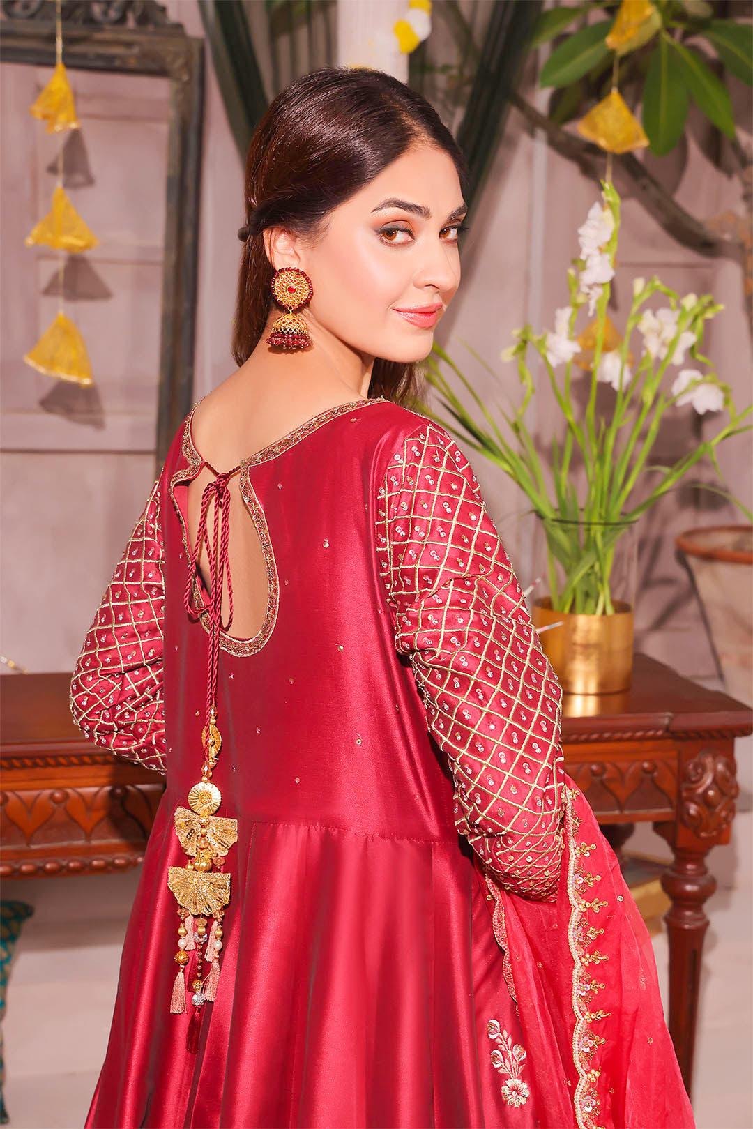 SANA'S red embroidered silk maxi dress Pakistan occasion wear