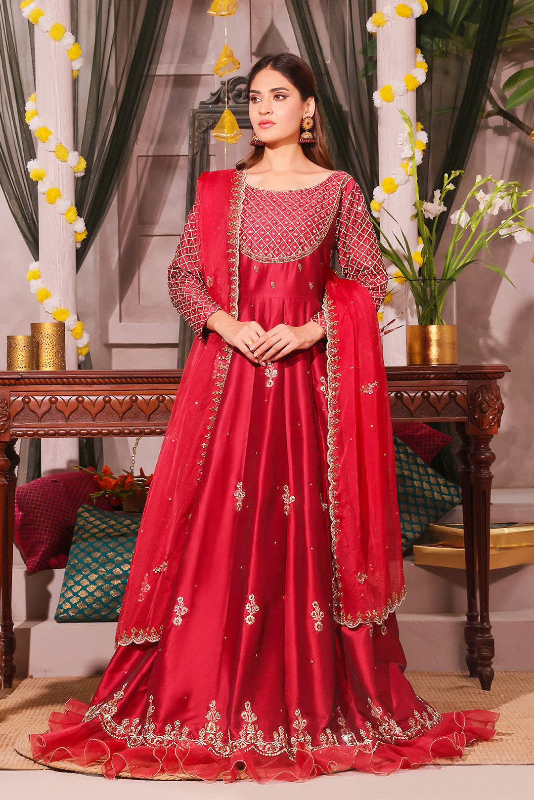 SANA'S red embroidered silk maxi dress Pakistan occasion wear