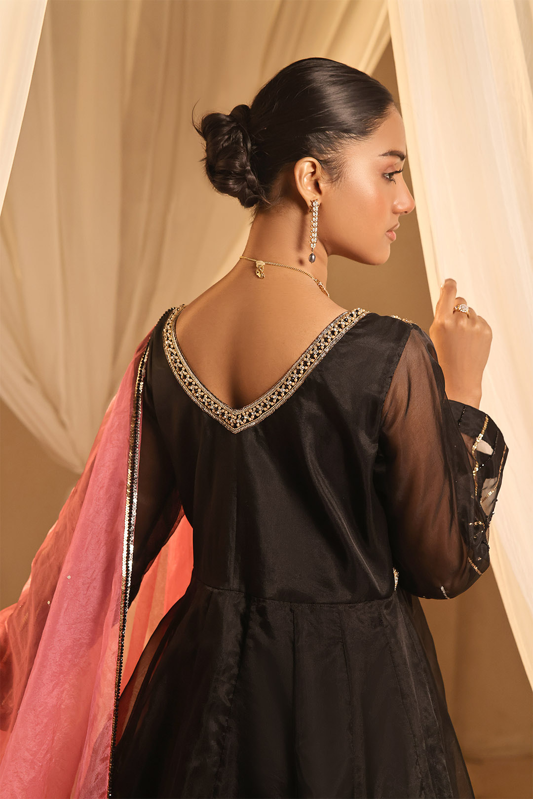 SANA'S red embroidered organza maxi dress Pakistan occasion wear