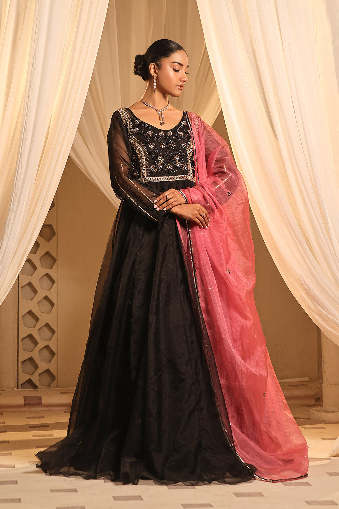 SANA'S red embroidered organza maxi dress Pakistan occasion wear