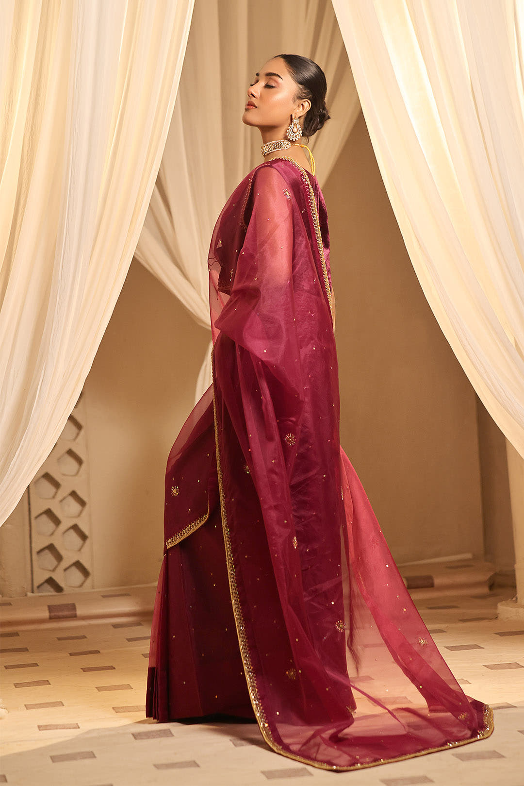 SANA'S red embroidered velvet saree Pakistan occasion wear
