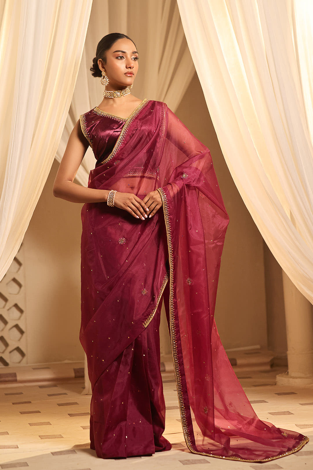 SANA'S red embroidered velvet saree Pakistan occasion wear