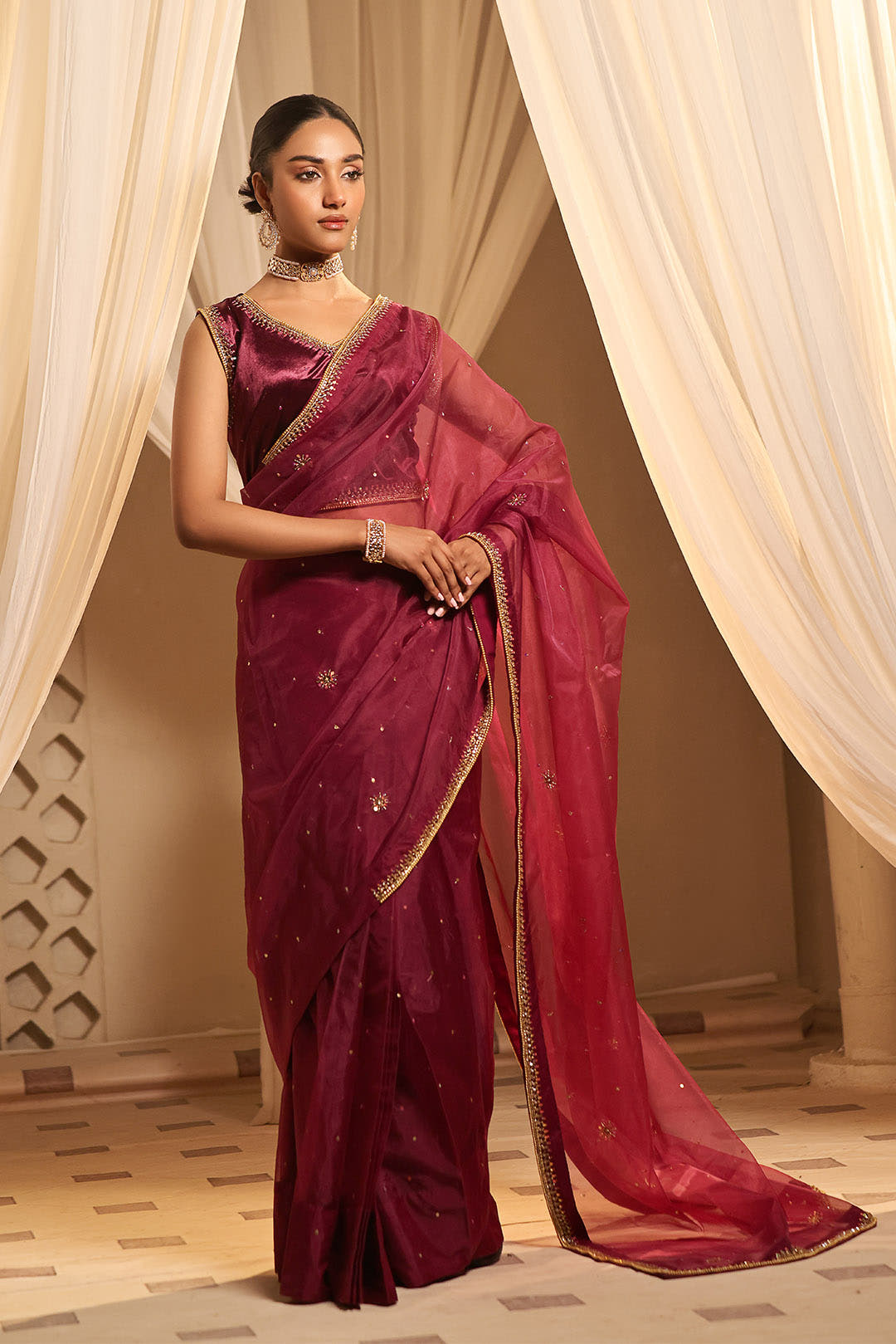 SANA'S red embroidered velvet saree Pakistan occasion wear
