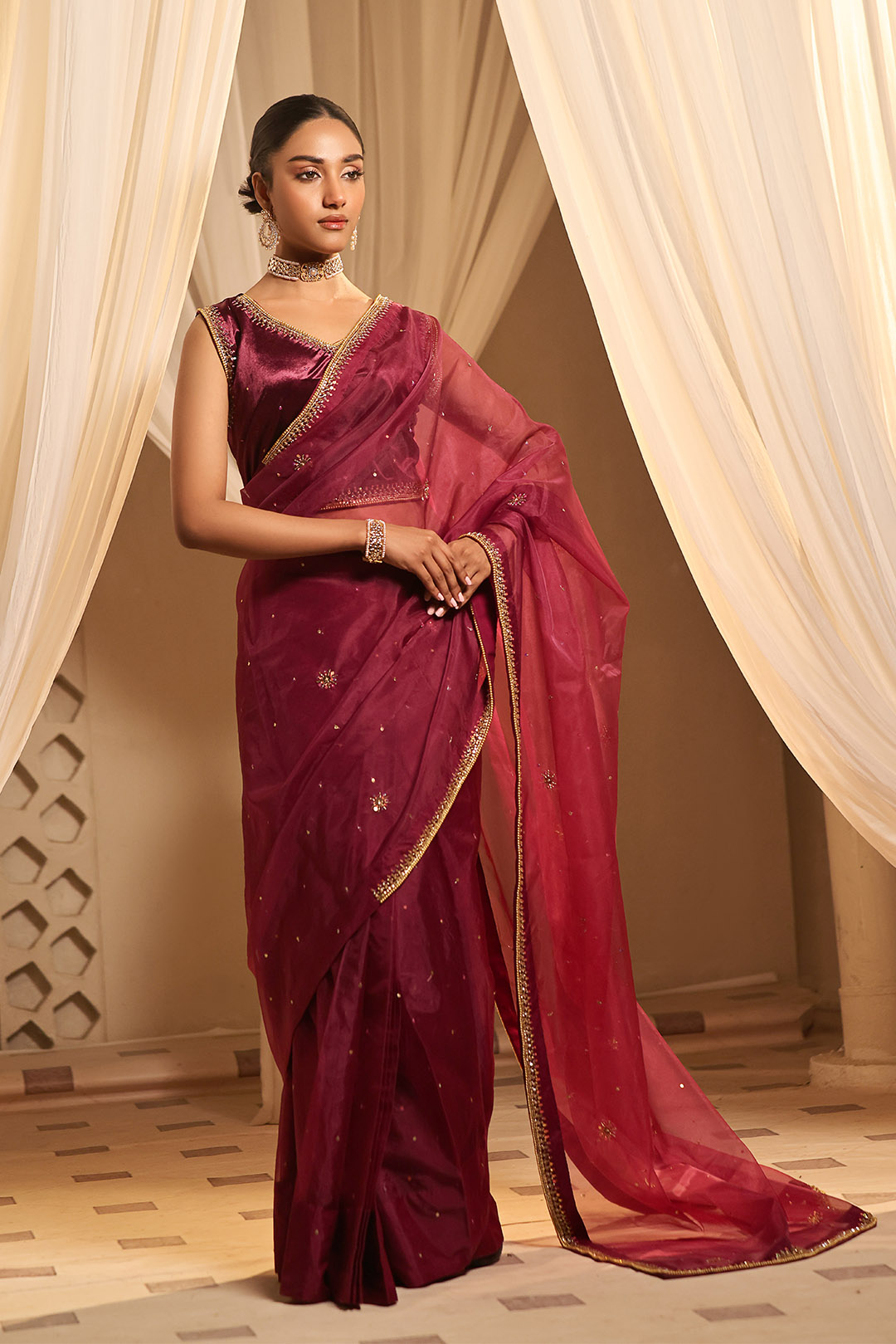 SANA'S red embroidered velvet saree Pakistan occasion wear