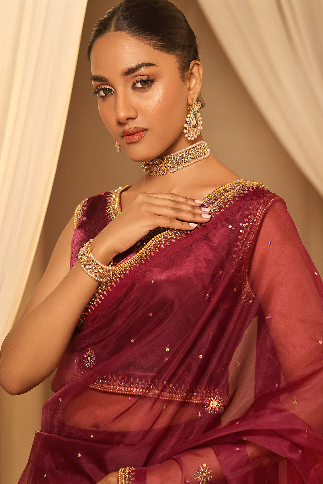 SANA'S red embroidered velvet saree Pakistan occasion wear