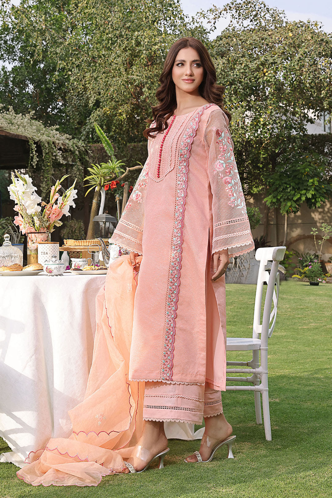 SANA'S red embroidered organza suit Pakistan occasion wear