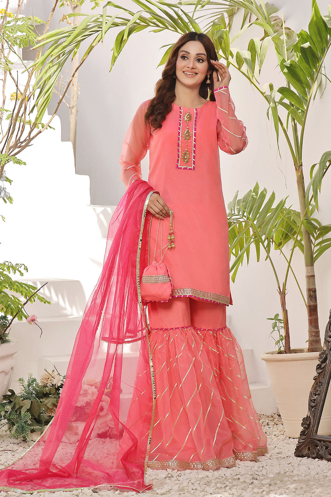SANA'S red embroidered organza gharara suit Pakistan occasion wear