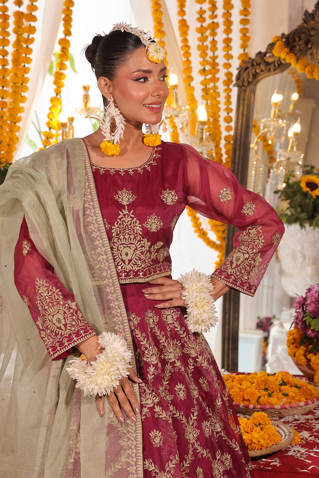 SANA'S red embroidered organza lehenga Pakistan occasion wear
