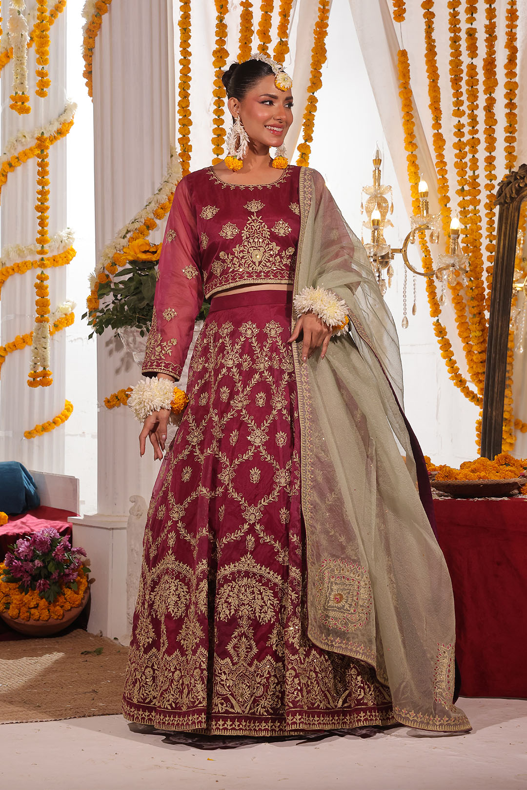 SANA'S red embroidered organza lehenga Pakistan occasion wear