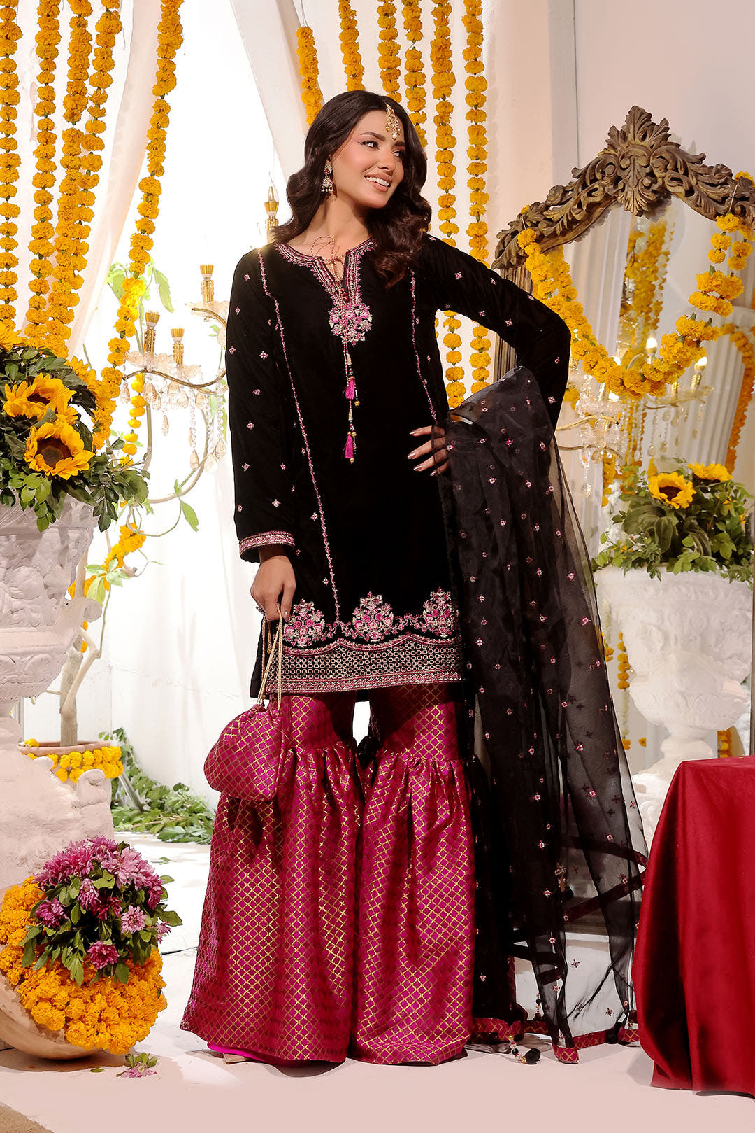 SANA'S red embroidered velvet gharara suit Pakistan occasion wear