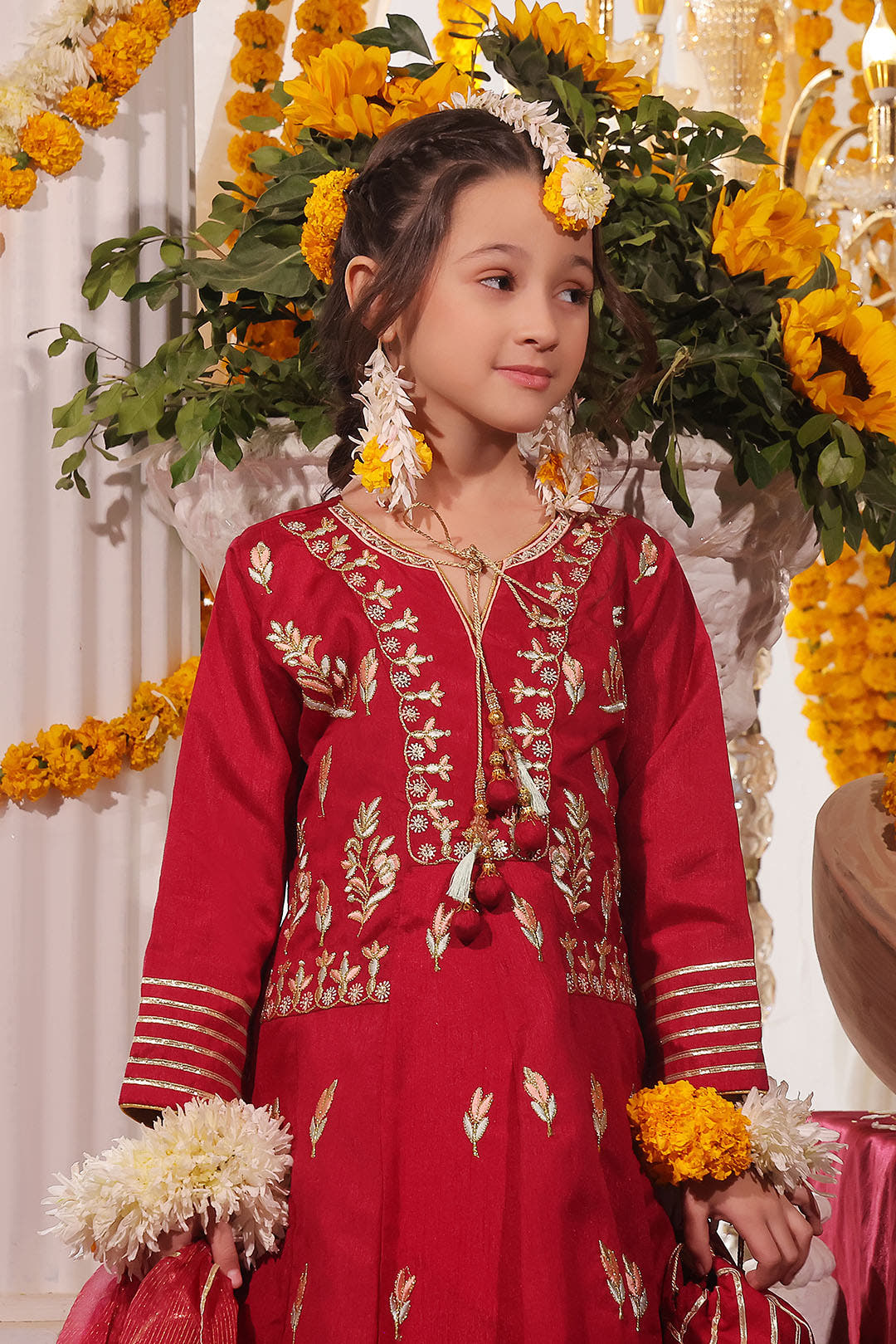 SANA'S red embroidered raw silk maxi dress Pakistan occasion wear