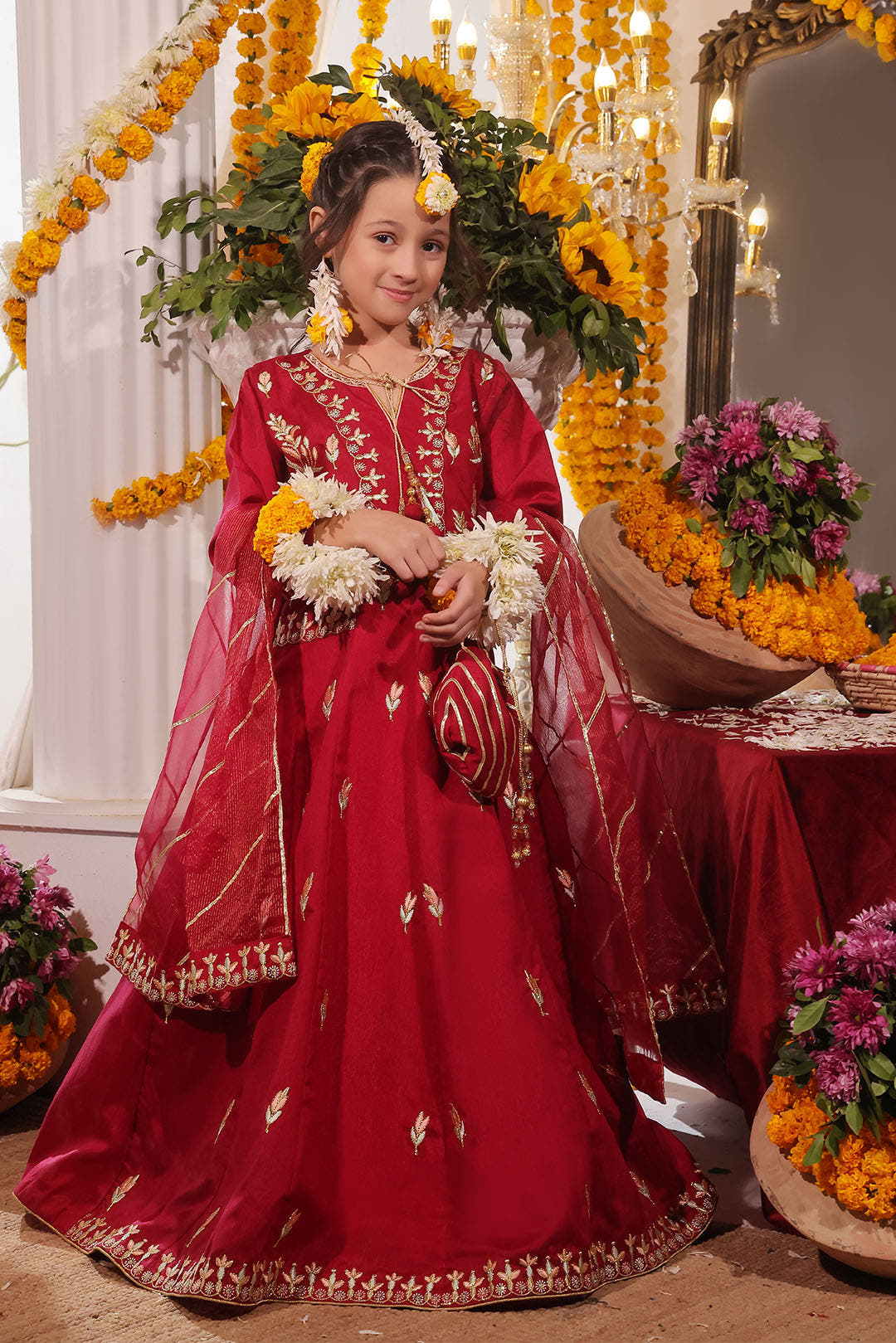SANA'S red embroidered raw silk maxi dress Pakistan occasion wear