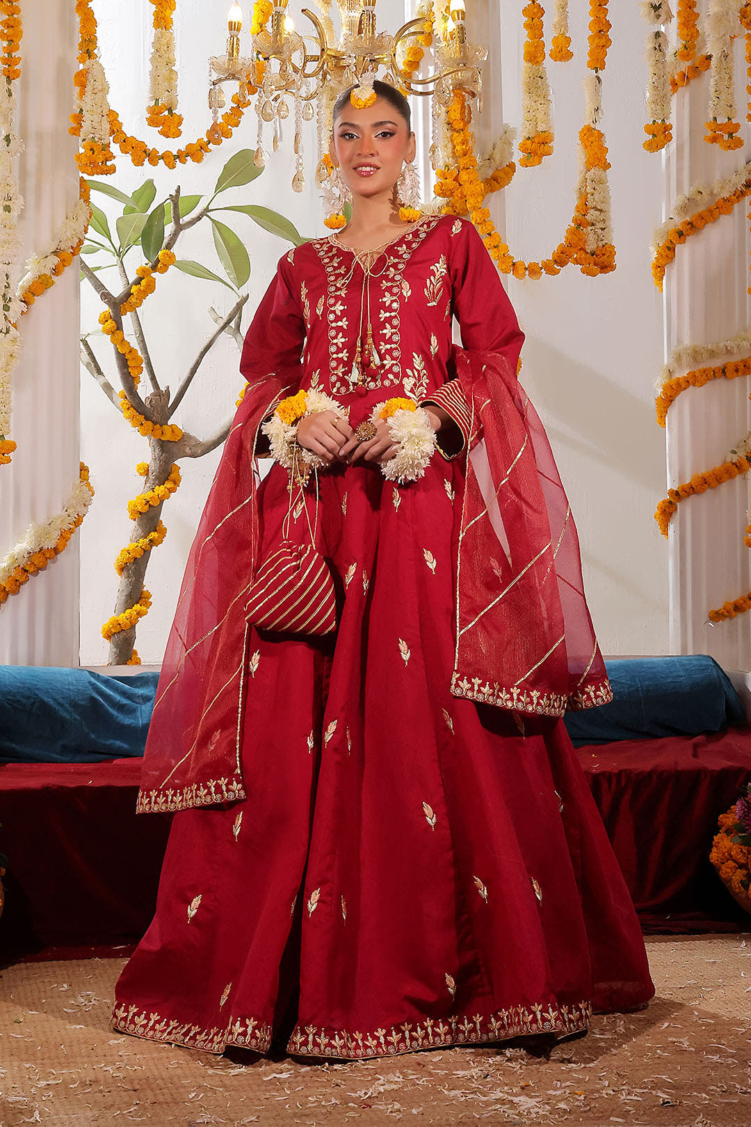SANA'S red embroidered raw silk maxi dress Pakistan occasion wear