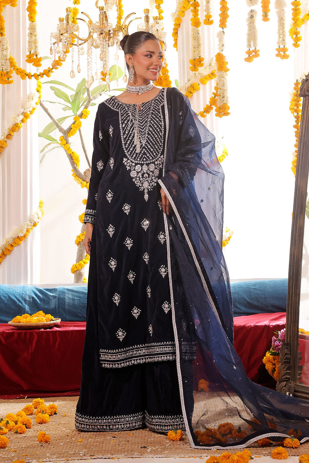 SANA'S red embroidered velvet suit Pakistan occasion wear