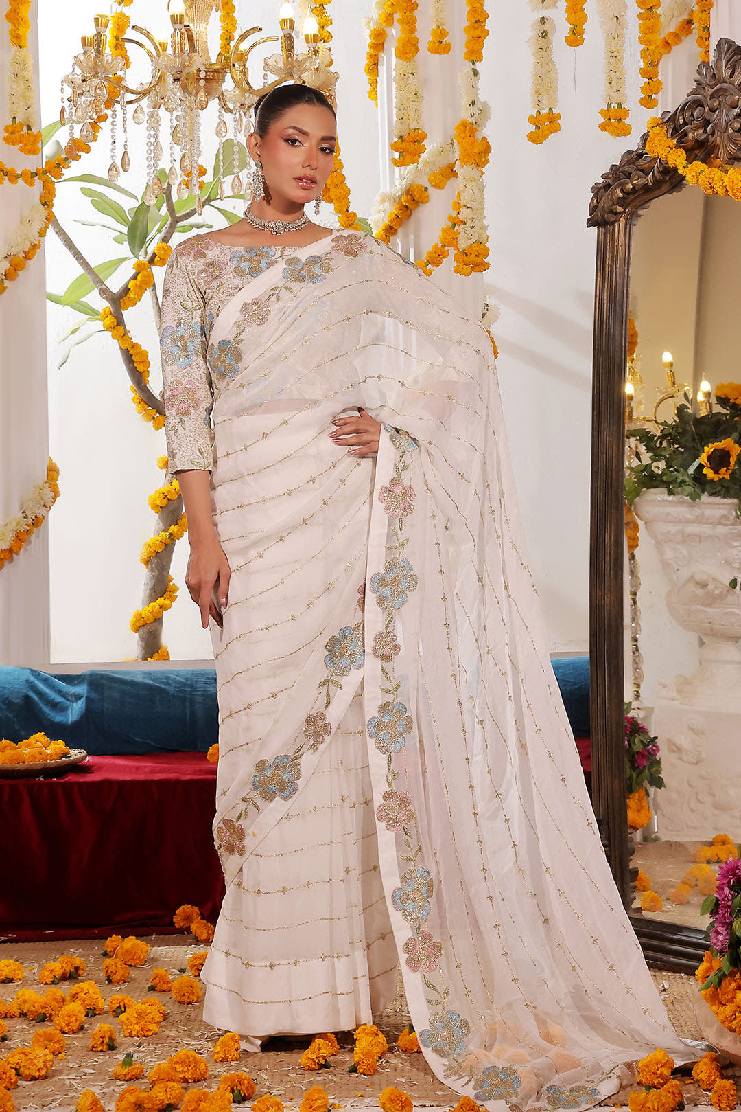 SANA'S red embroidered chiffon saree Pakistan occasion wear