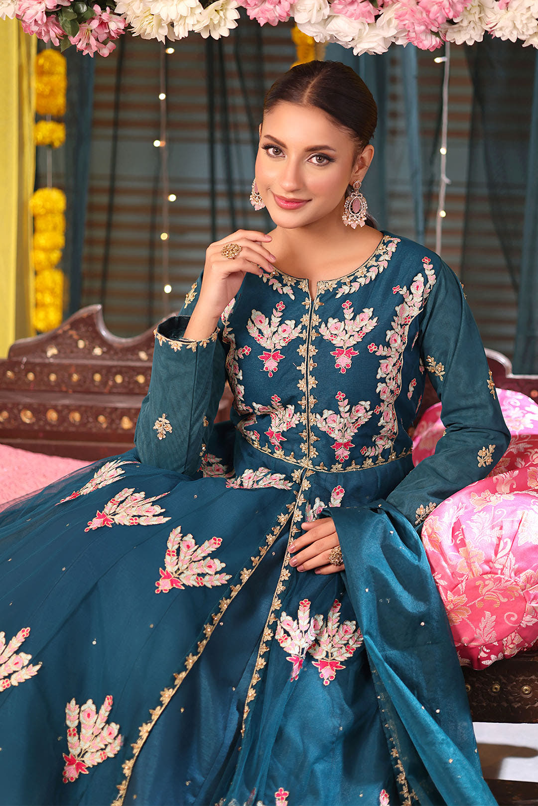 SANA'S red embroidered raw silk maxi dress Pakistan occasion wear
