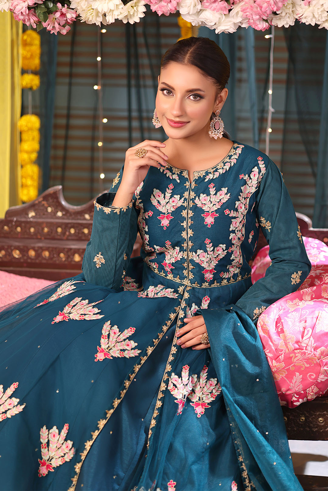 SANA'S red embroidered raw silk maxi dress Pakistan occasion wear