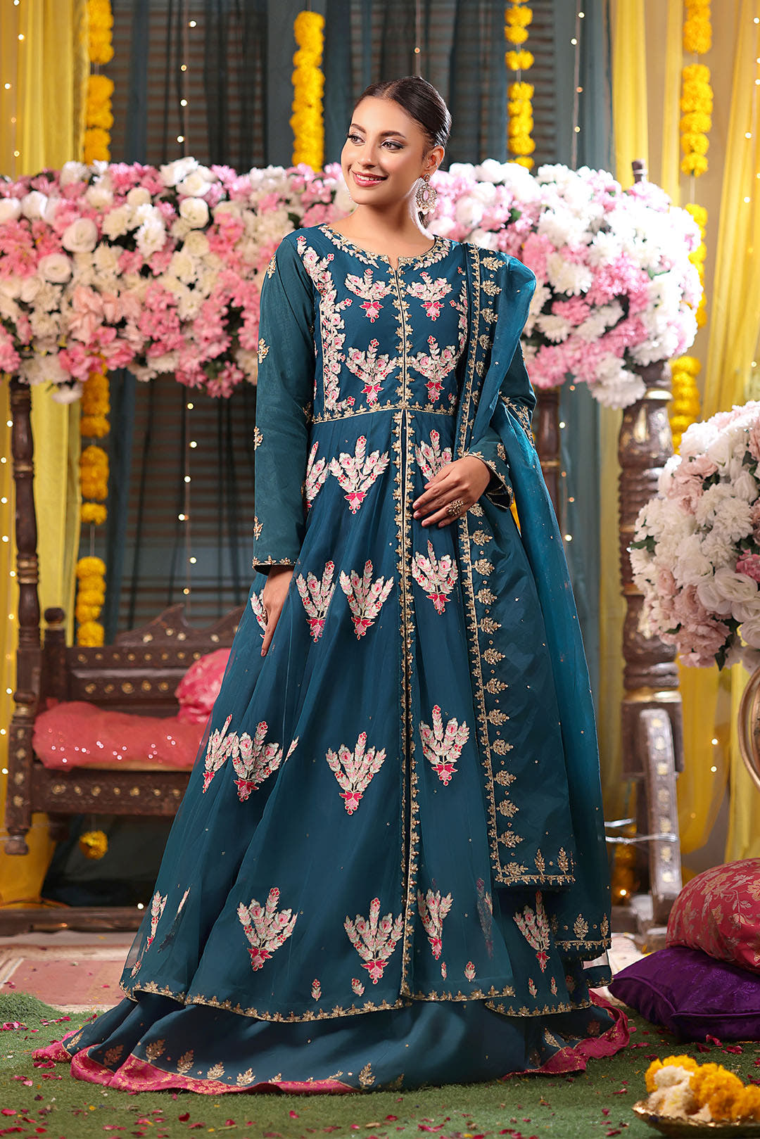 SANA'S red embroidered raw silk maxi dress Pakistan occasion wear