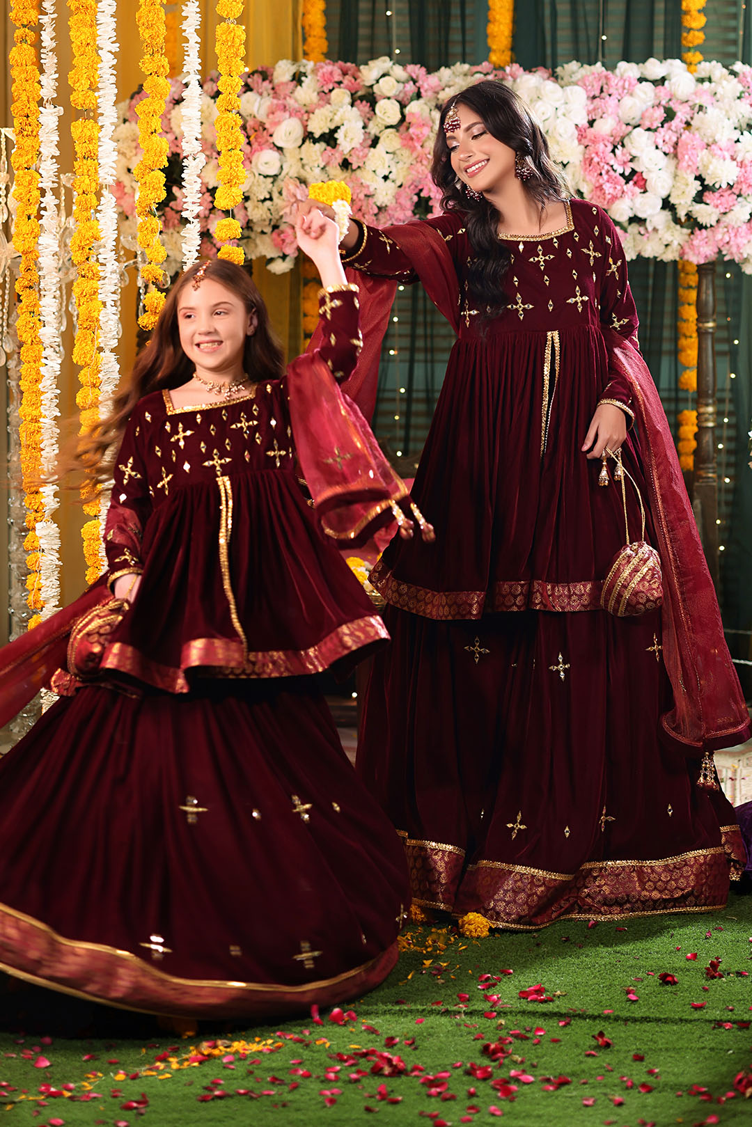 Mirror Embroidered Peplum Style Velvet Lehenga | SHENDI | L123279