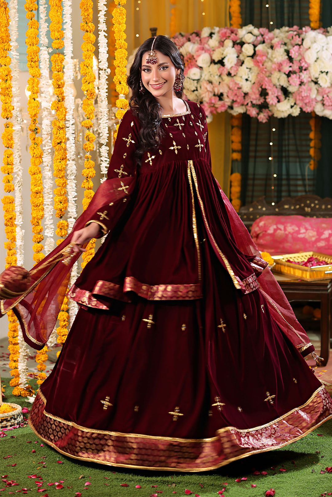 Mirror Embroidered Peplum Style Velvet Lehenga | SHENDI | L123279