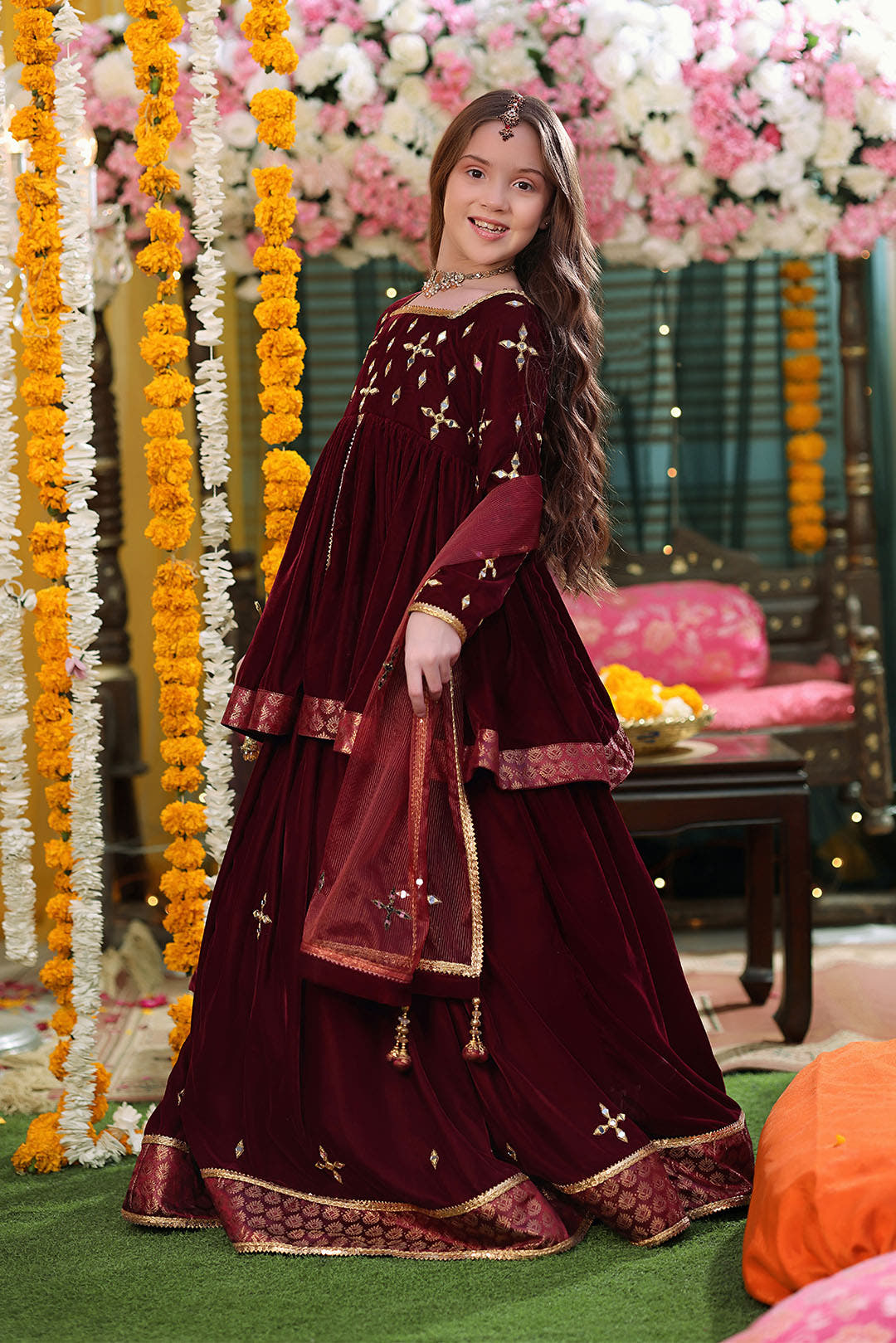 SANA'S red embroidered velvet lehenga Pakistan occasion wear