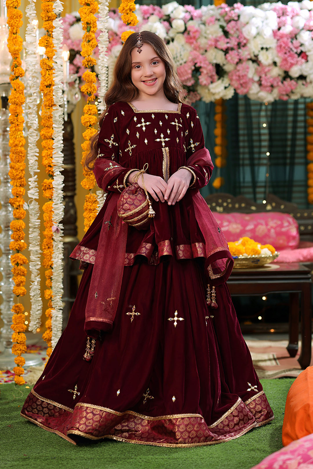 Mirror Embroidered Peplum Style Velvet Lehenga | SHENDI | L3279