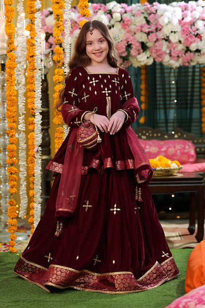 Mirror Embroidered Peplum Style Velvet Lehenga | SHENDI | L3279