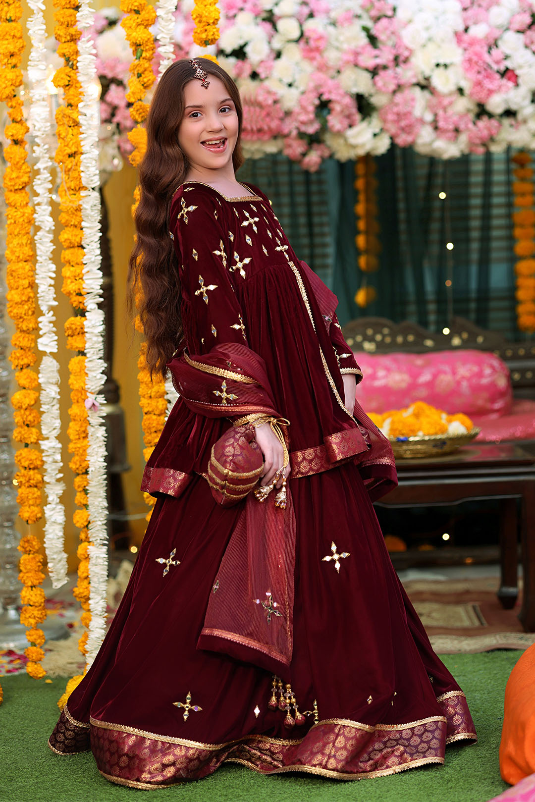 Mirror Embroidered Peplum Style Velvet Lehenga | SHENDI | L3279