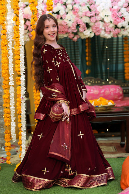 Mirror Embroidered Peplum Style Velvet Lehenga | SHENDI | L3279