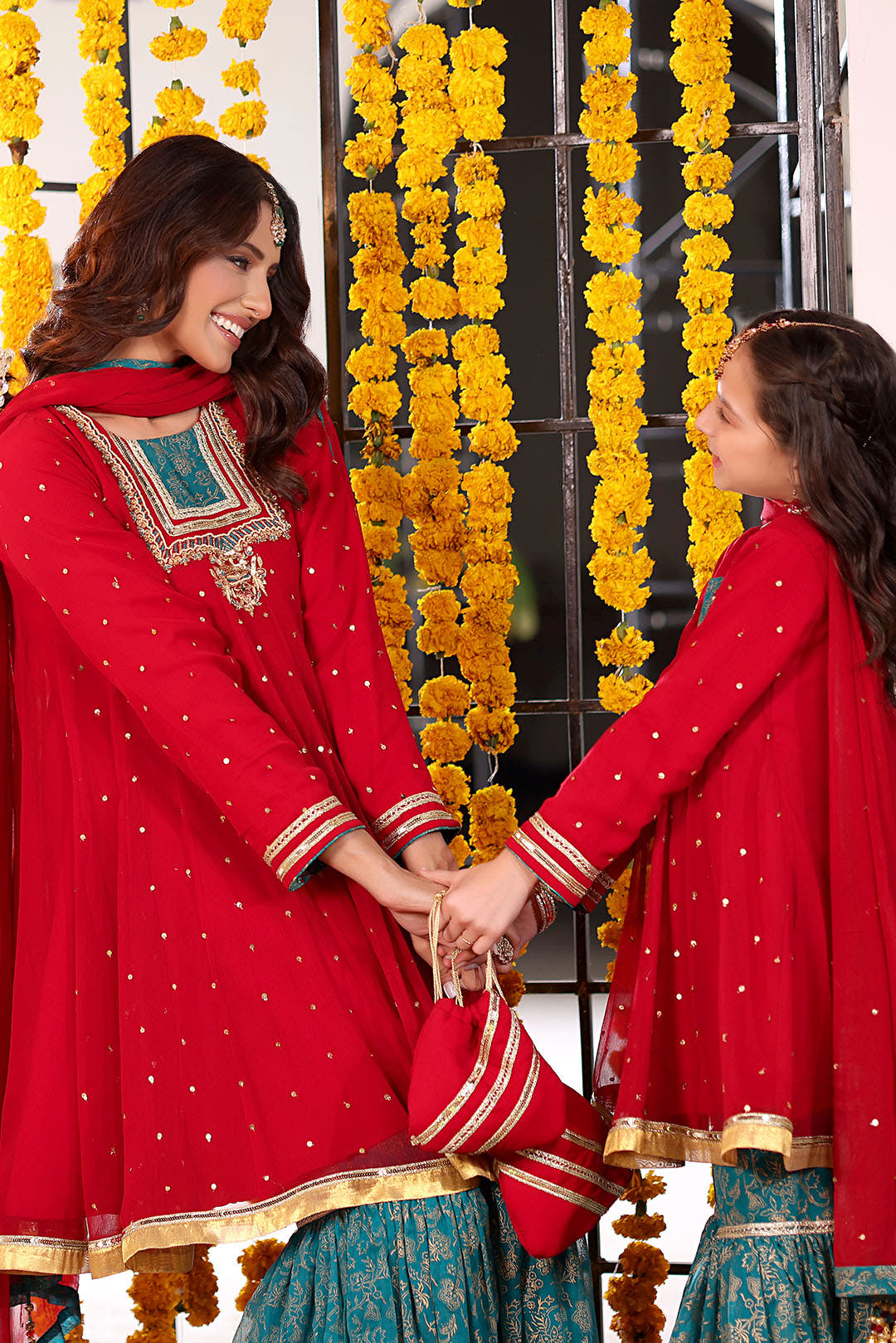 SANA'S red embroidered chiffon gharara suit Pakistan occasion wear