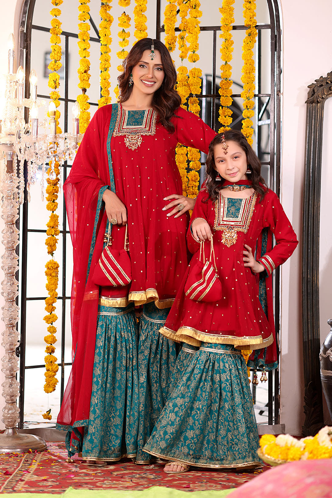 SANA'S red embroidered chiffon gharara suit Pakistan occasion wear