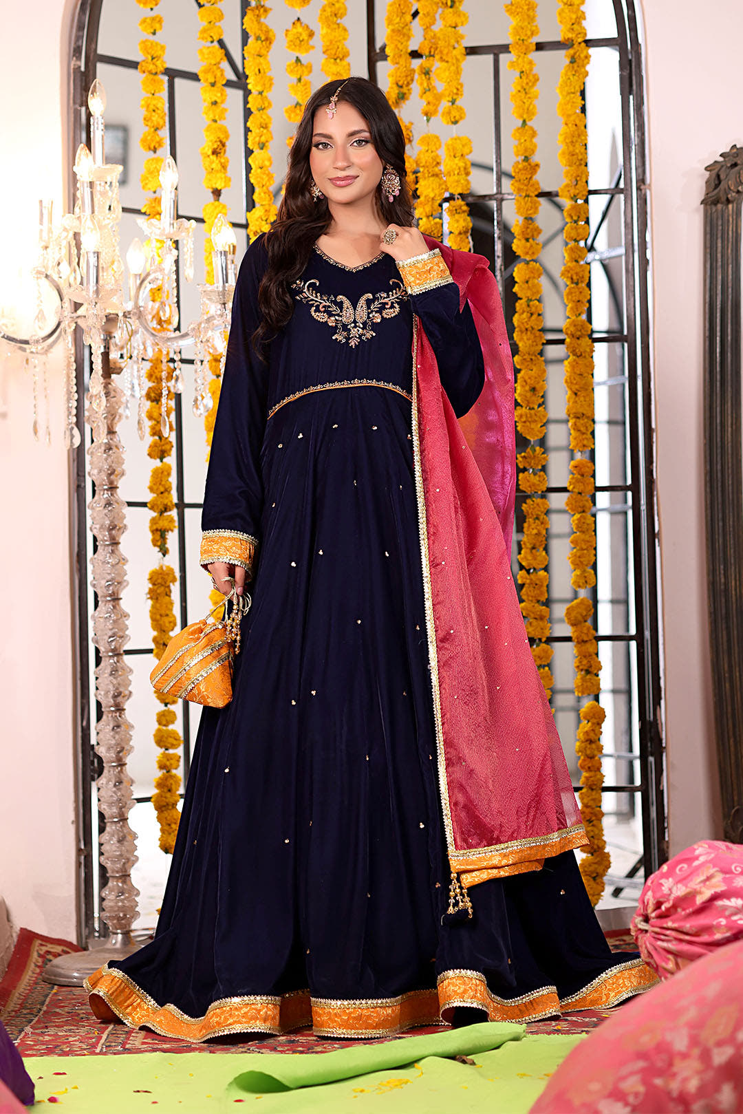 SANA'S red embroidered velvet maxi dress Pakistan occasion wear