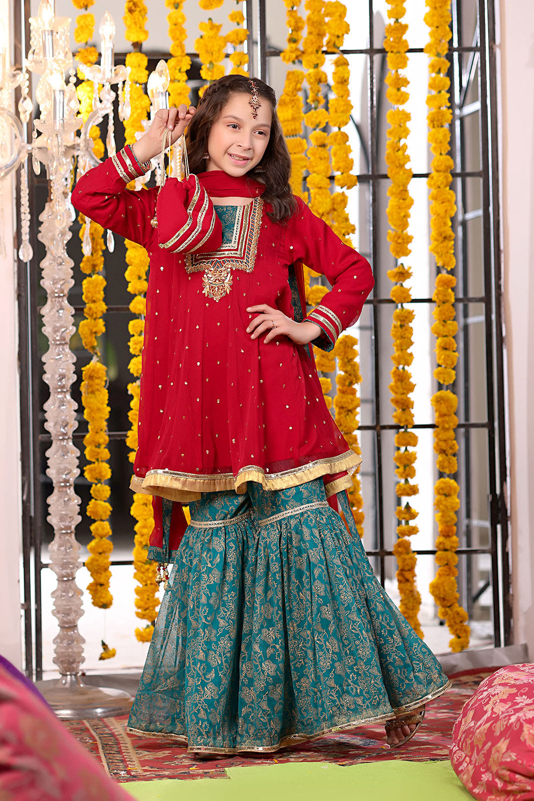 SANA'S red embroidered chiffon gharara suit Pakistan occasion wear