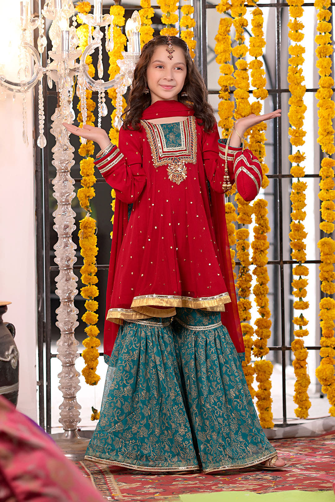 SANA'S red embroidered chiffon gharara suit Pakistan occasion wear
