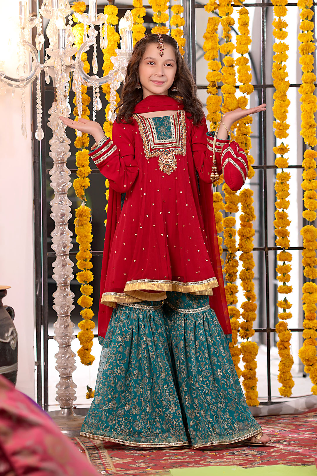 SANA'S red embroidered chiffon gharara suit Pakistan occasion wear