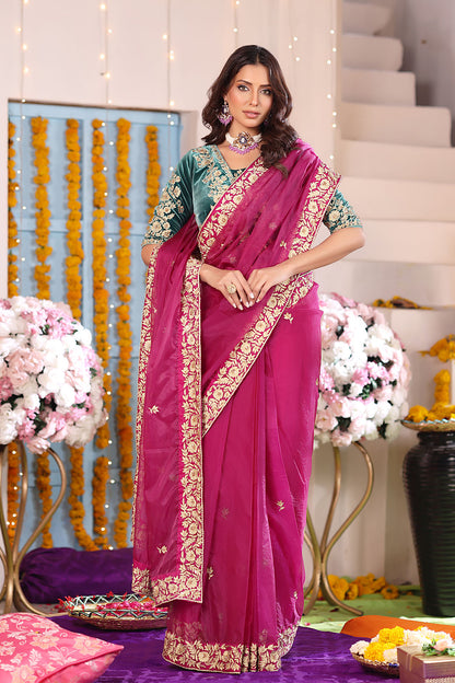 Aari Embroidered Organza Velvet Saree | SHENDI | SR202408