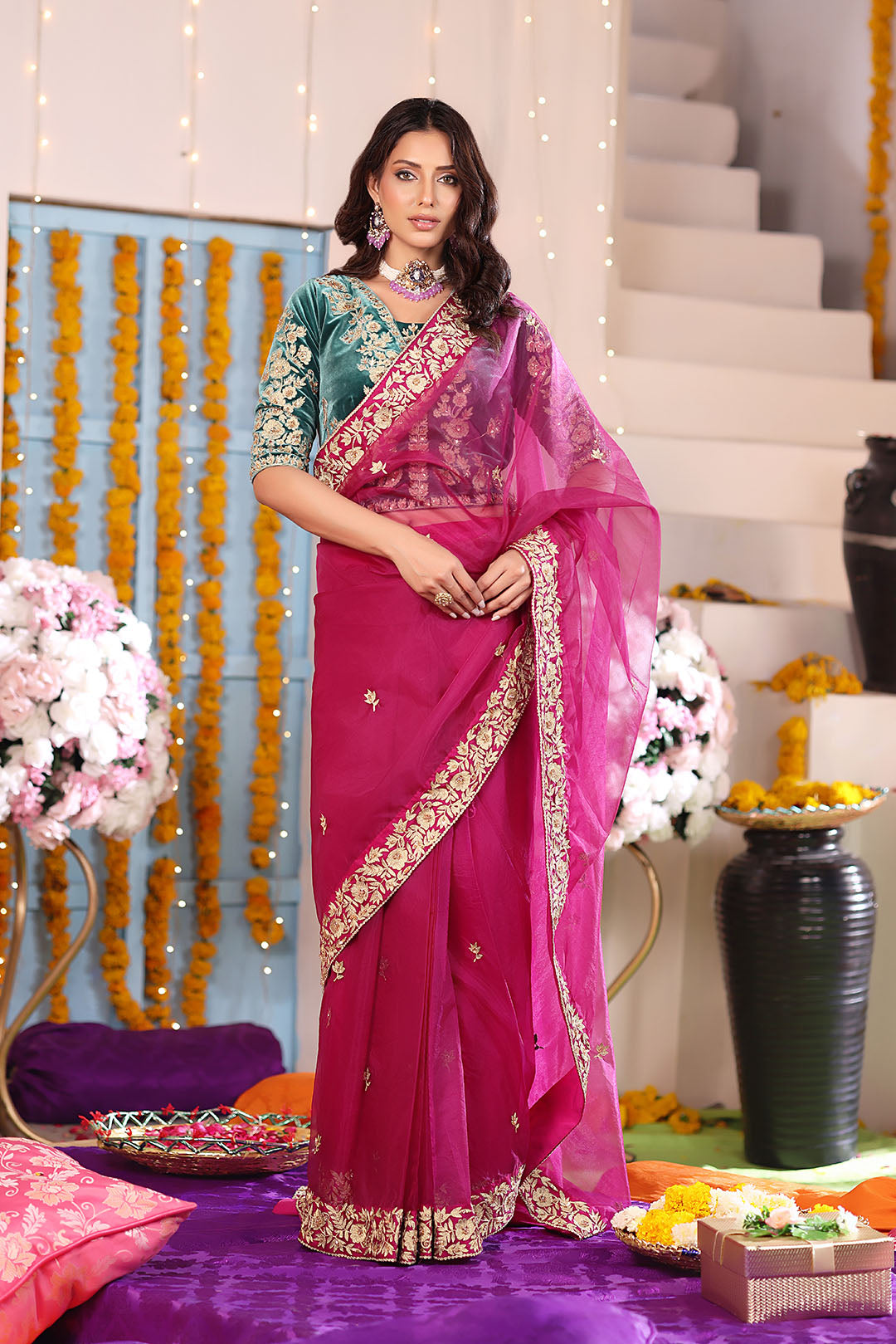 Aari Embroidered Organza Velvet Saree | SHENDI | SR202408