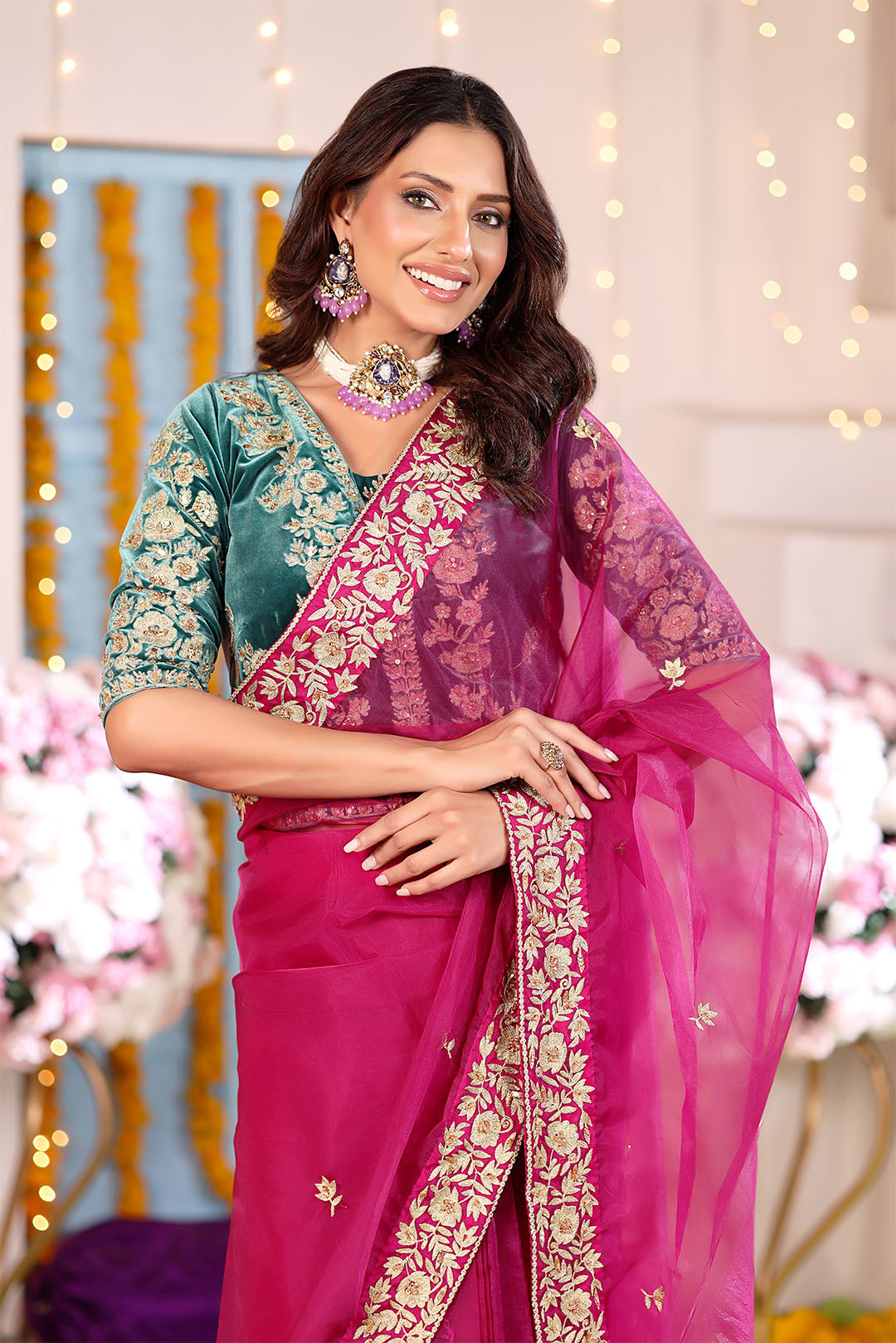 Aari Embroidered Organza Velvet Saree | SHENDI | SR202408