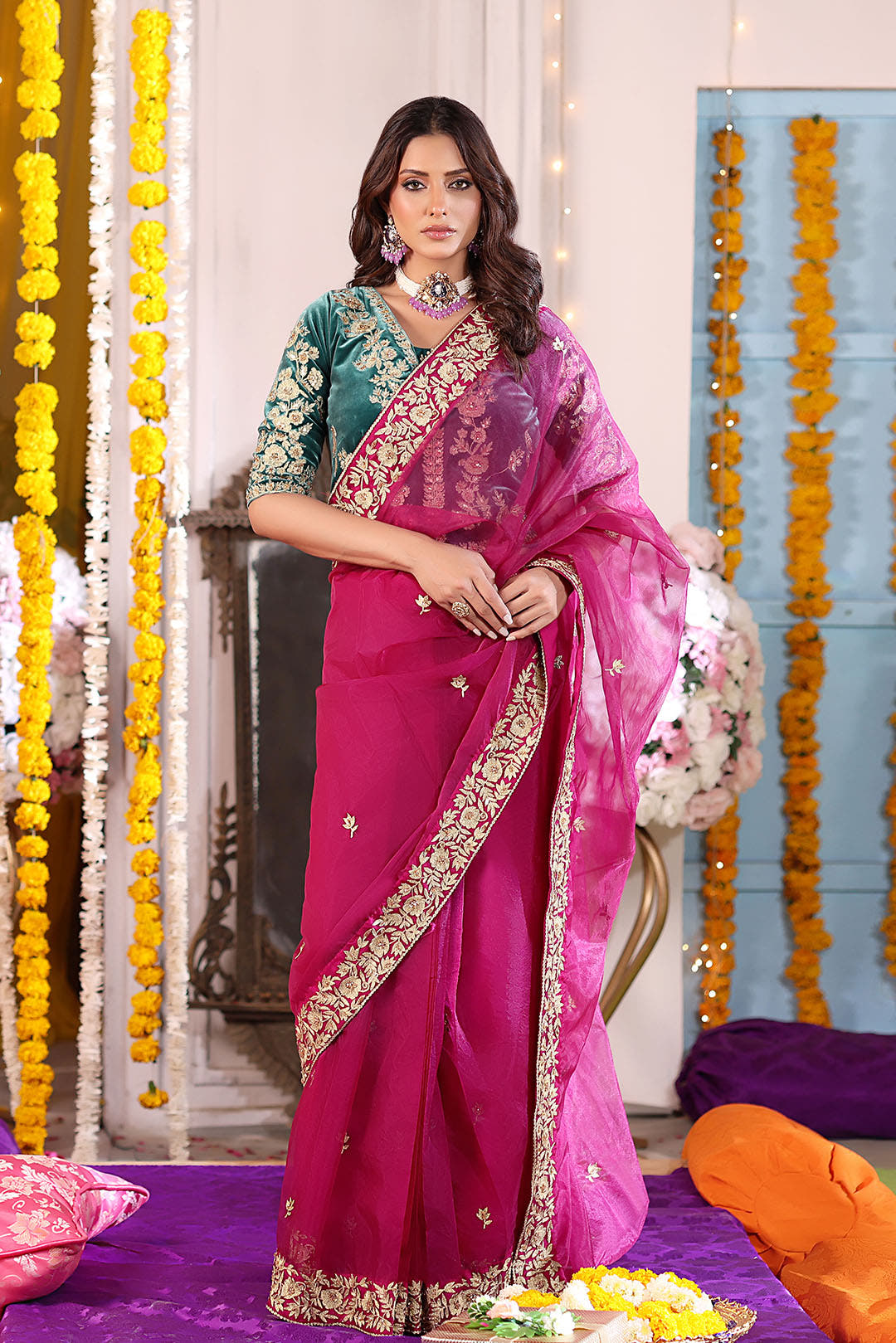 SANA'S red embroidered velvet saree Pakistan occasion wear