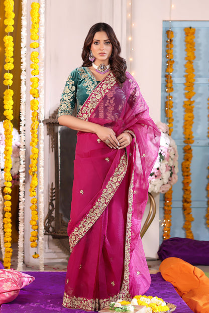 Aari Embroidered Organza Velvet Saree | SHENDI | SR202408