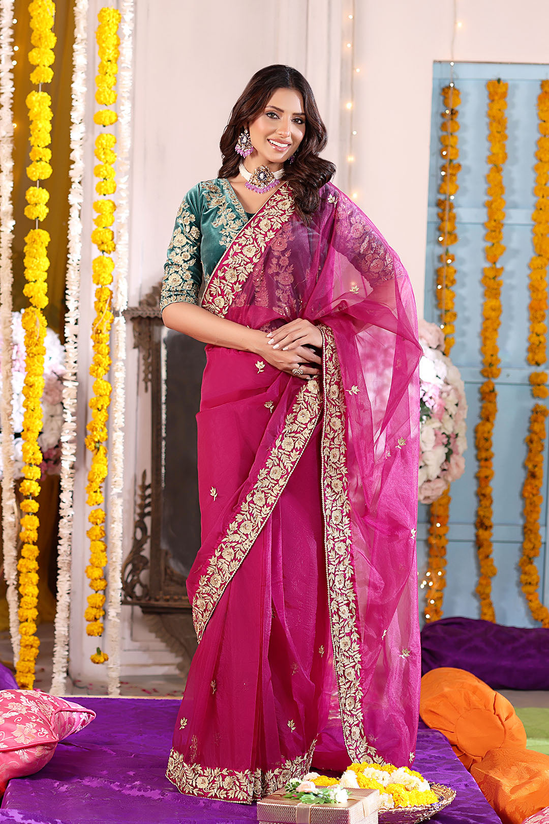 Aari Embroidered Organza Velvet Saree | SHENDI | SR202408