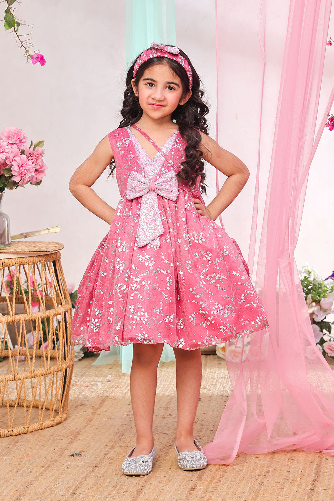 SANA'S pink printed net frock Pakistan Eid