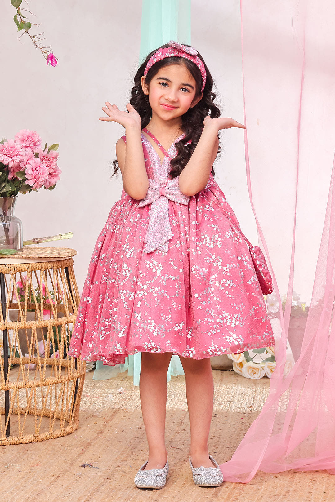 SANA'S pink printed net frock Pakistan Eid