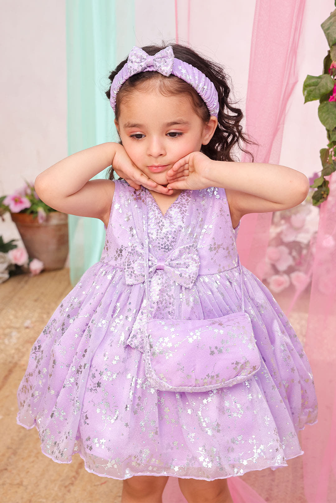 SANA'S purple printed net frock Pakistan Eid