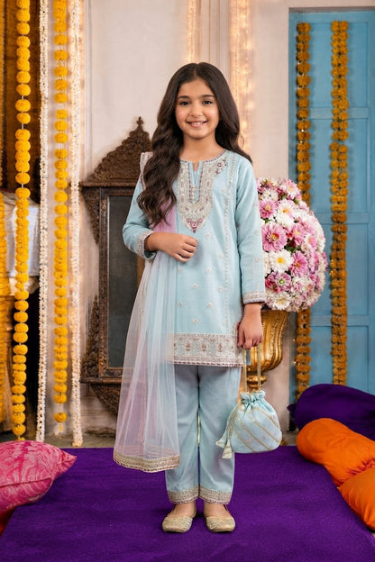Ice Blue Resham Zari Embroidered 3-Piece | GIrls